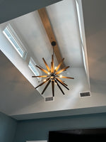 Load image into Gallery viewer, reclaimed oak box beams with light fixture
